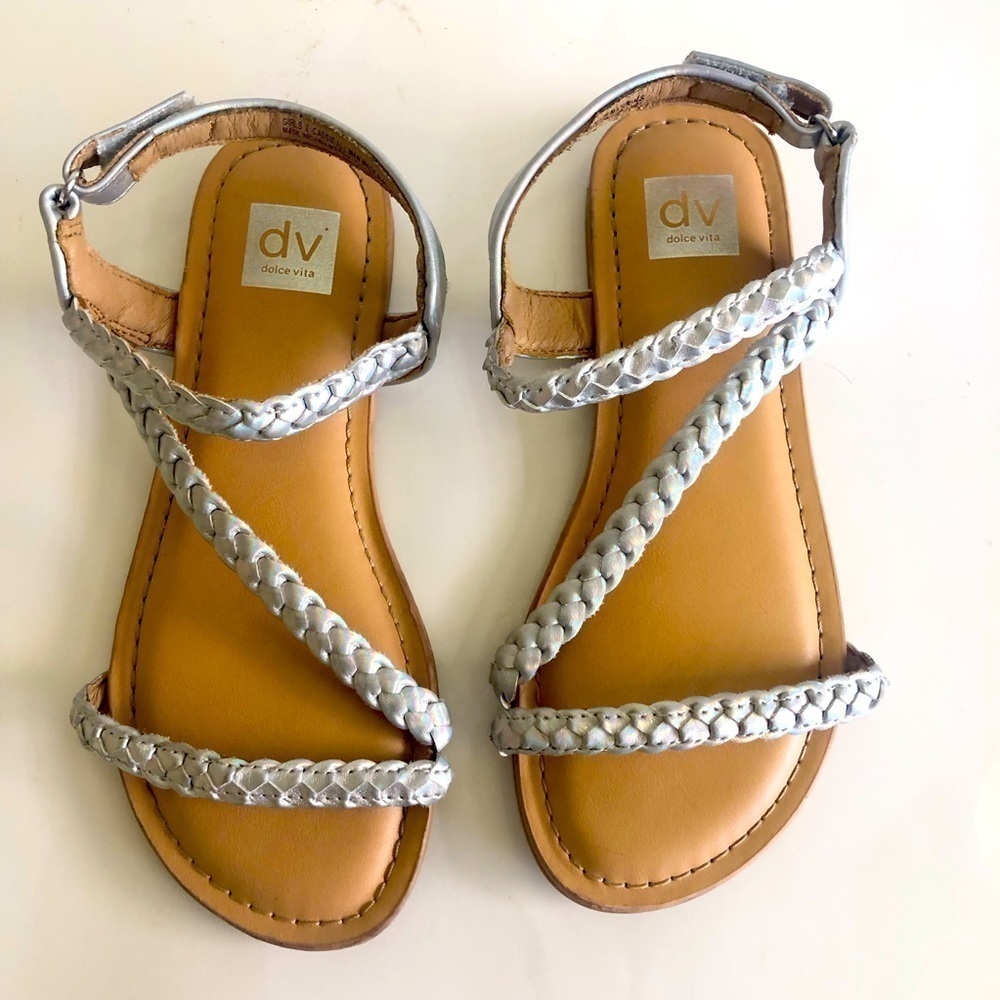 DV Dolce Vita Cassie Girls Silver Iridescent. Braided Straps Sandal Size 2